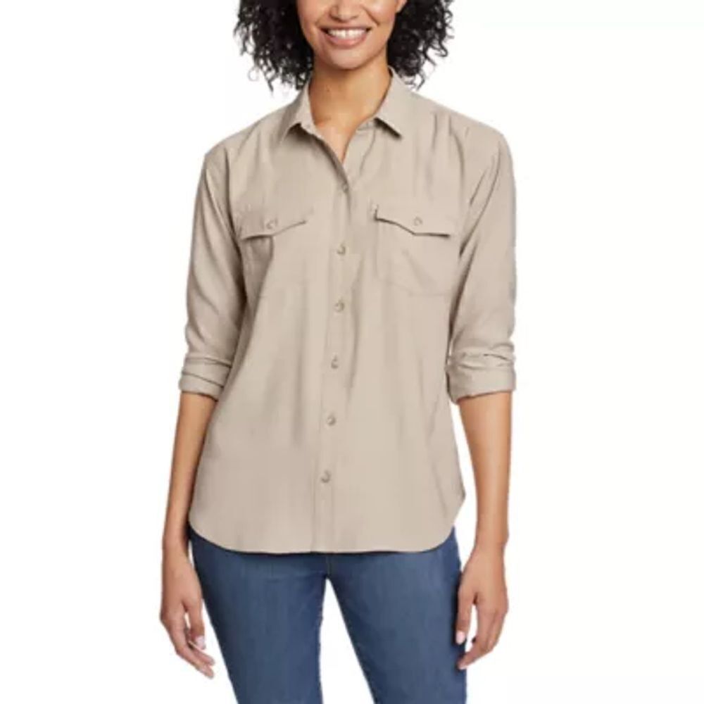 NWT Eddie Bauer Tranquil Sandwash Long Sleeve Button Down Shirt In Pumice Tan M